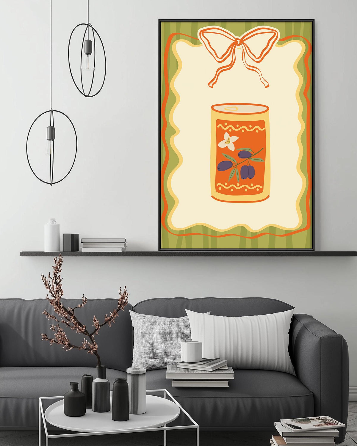 a cozy living room with a gray sofa, a coffee table, and a large framed picture of a can of soup hanging on the wall.