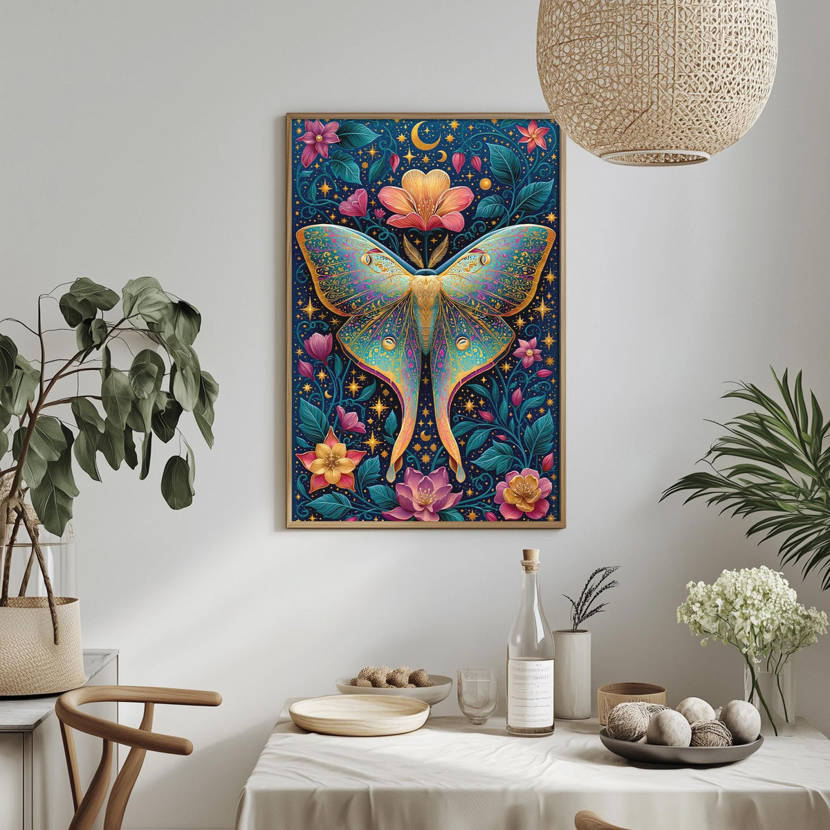 a vibrant and colorful butterfly-themed artwork hanging on a wall, surrounded by various potted plants and decorative items.
