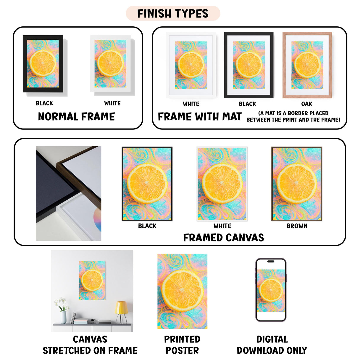 various types of artwork, including framed prints, canvas prints, and digital art, all featuring an orange slice as the central element.