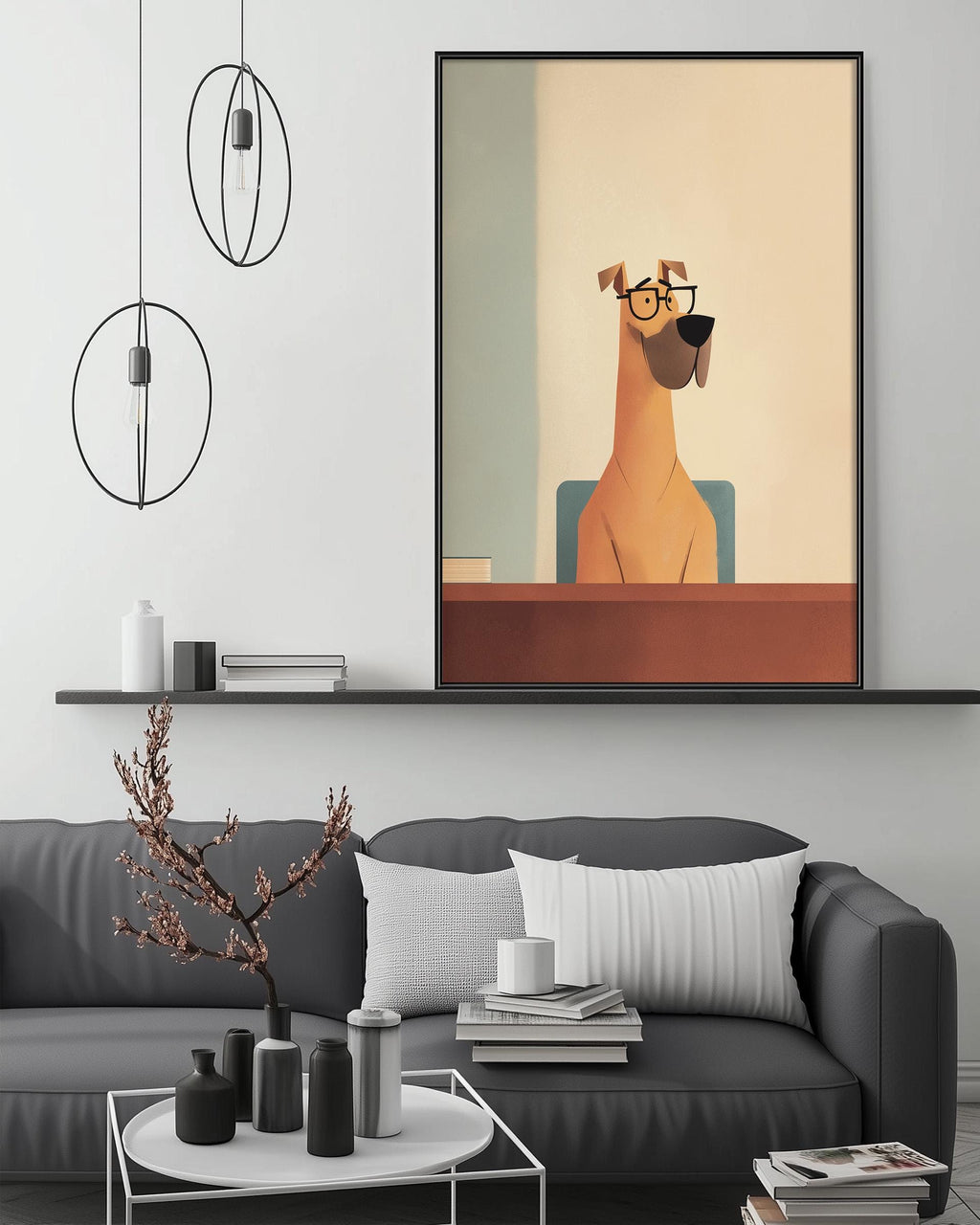a cozy living room with a gray couch, a coffee table, and a large framed illustration of a dog wearing glasses sitting at a desk.