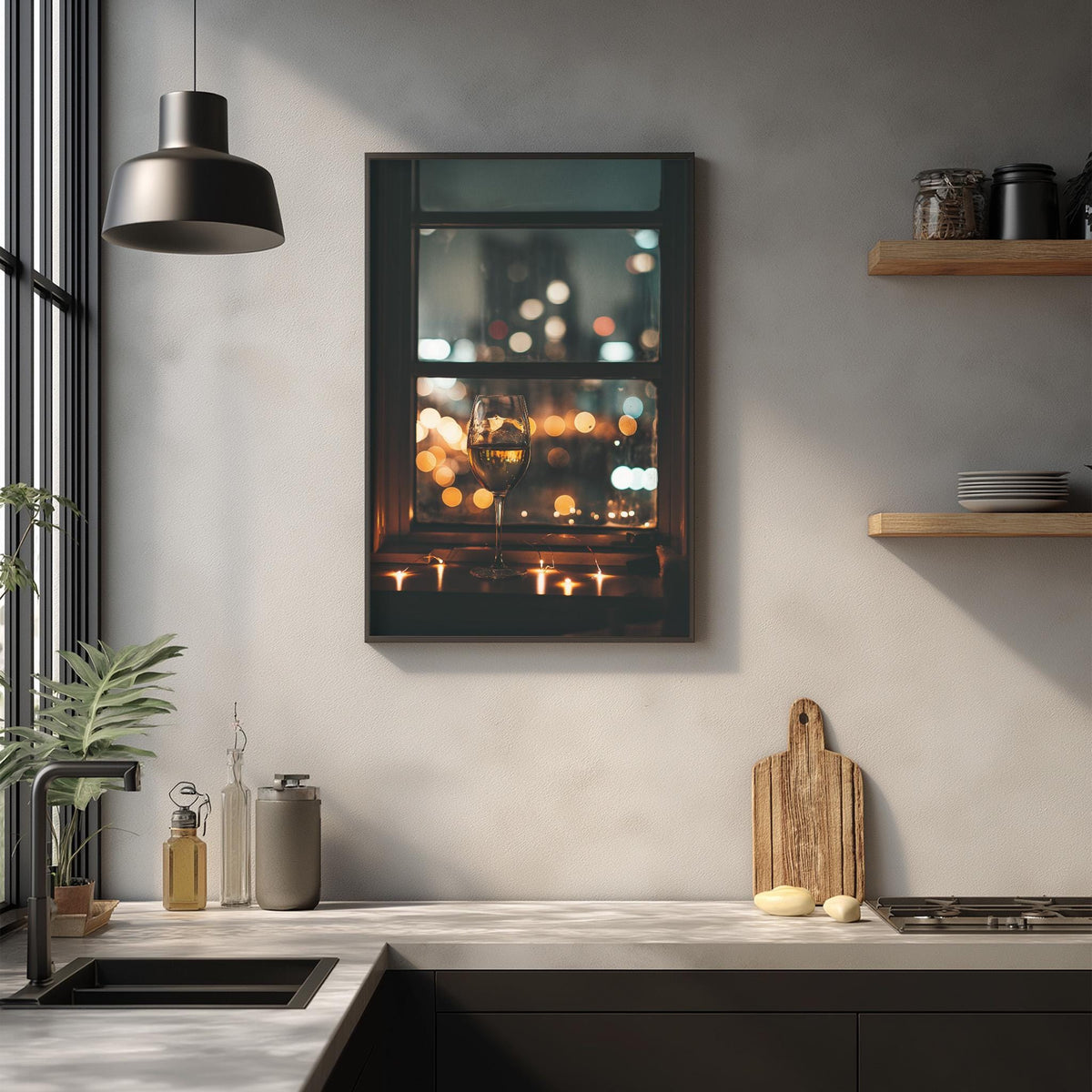 a modern kitchen with a large window that allows natural light to flood the space. The window is adorned with a framed picture of a city skyline at night, creating a serene and cozy atmosphere. The kitchen counter is equipped with various kitchen items, including a cutting board, a bottle, and a vase. The overall design of the kitchen is clean and minimalist, with a focus on functionality and simplicity.