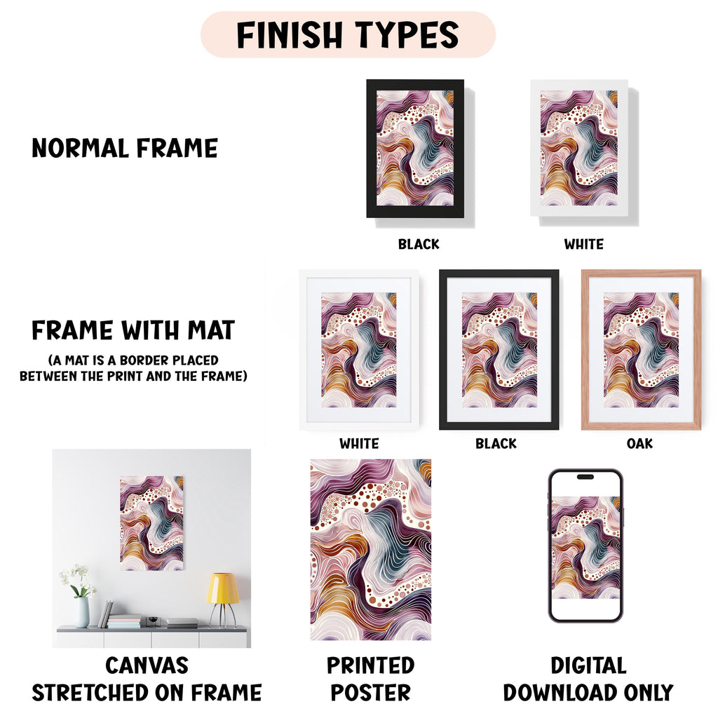 various finish types for artwork, including a normal frame, a frame with a mat, a white frame, a black frame, an oak frame, a white canvas stretched on a frame, a printed poster, and a digital download only.
