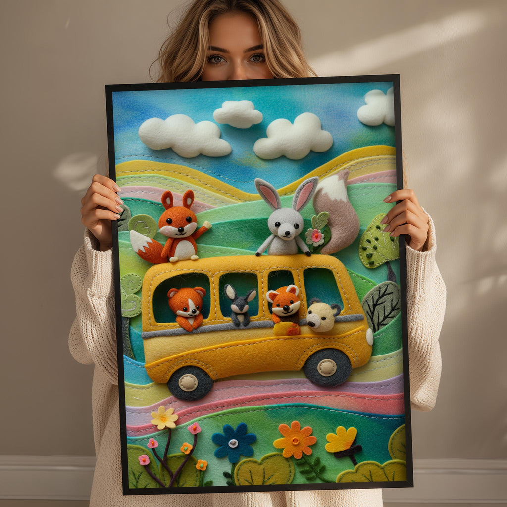A woman holds up a framed collage depicting a colorful scene with a school bus filled with cartoon animals, including a fox, rabbit, and squirrel, set against a backdrop of a blue sky with fluffy clouds.