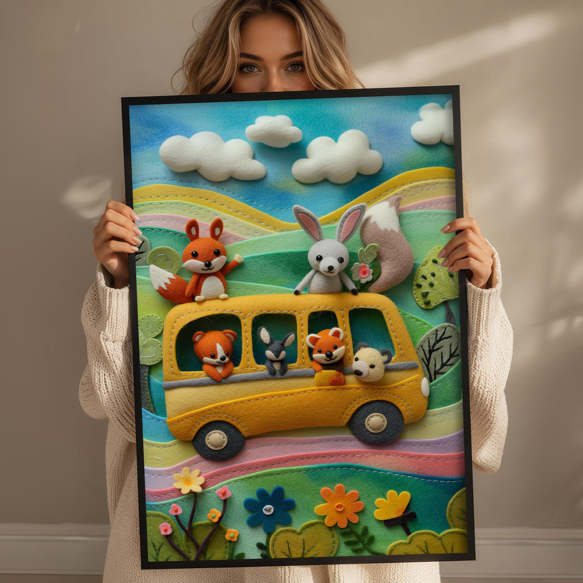 A woman holds up a framed collage depicting a colorful scene with a school bus filled with cartoon animals, including a fox, rabbit, and squirrel, set against a backdrop of a blue sky with fluffy clouds.