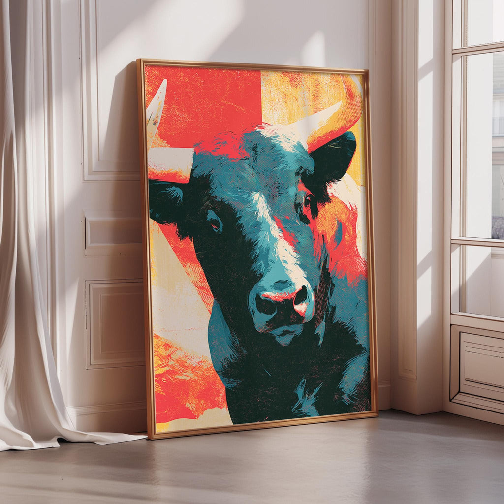 a large, colorful painting of a bull's head, which is displayed on a wall in a room.