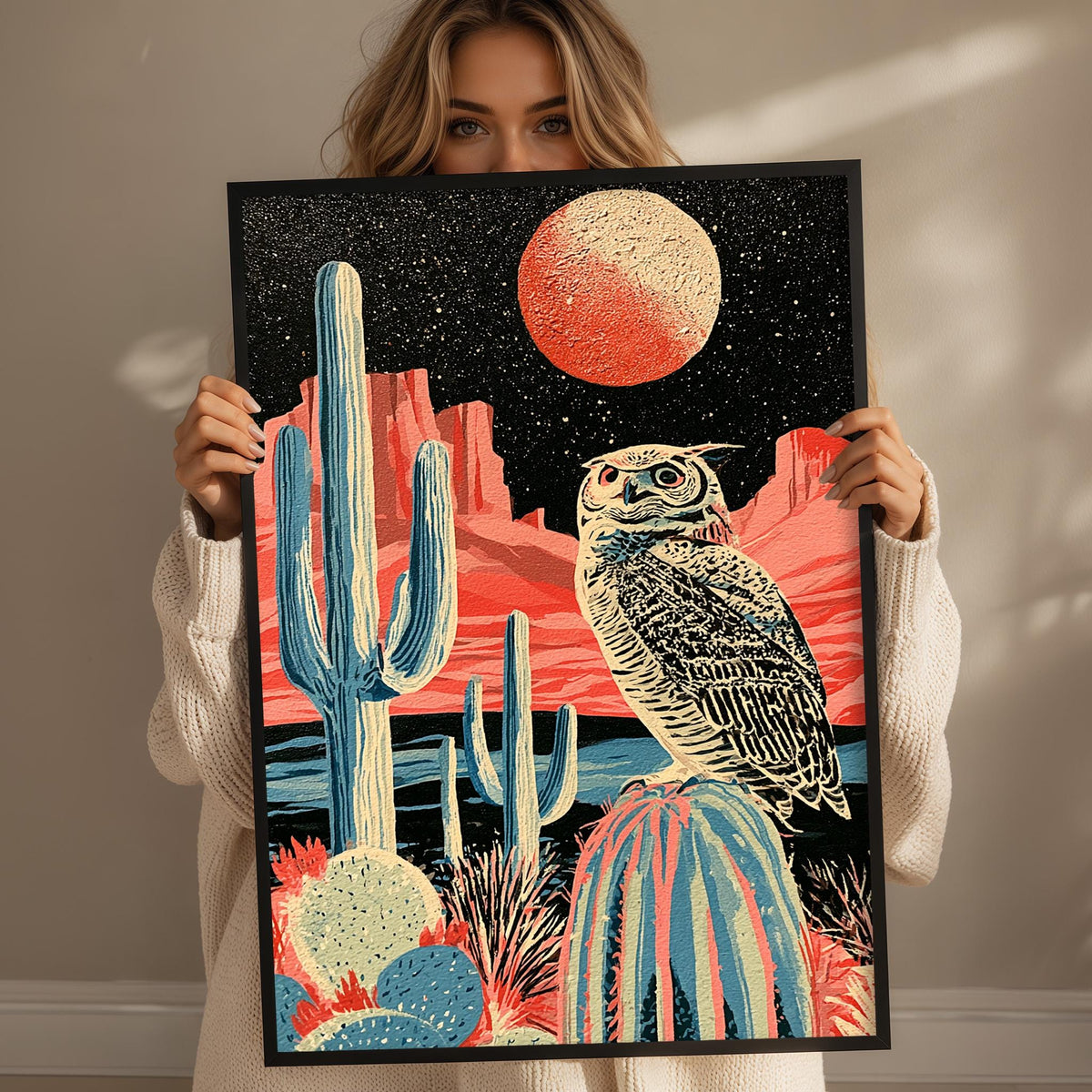A woman holds up a framed artwork depicting a desert landscape with a cactus, a large red moon, and an owl perched on a rock.