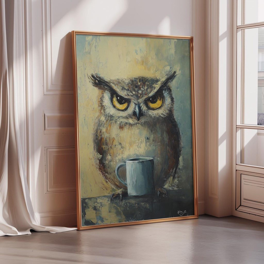 a painting of an owl sitting next to a cup of coffee.