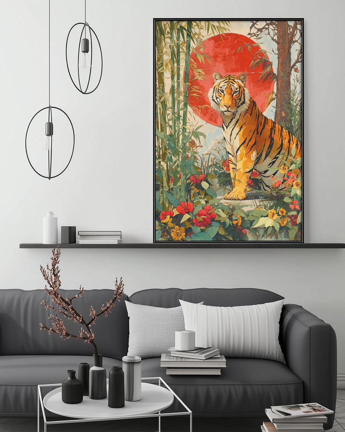 a large painting of a tiger in a lush, colorful jungle setting, hanging on a wall above a gray couch with a coffee table in front of it.