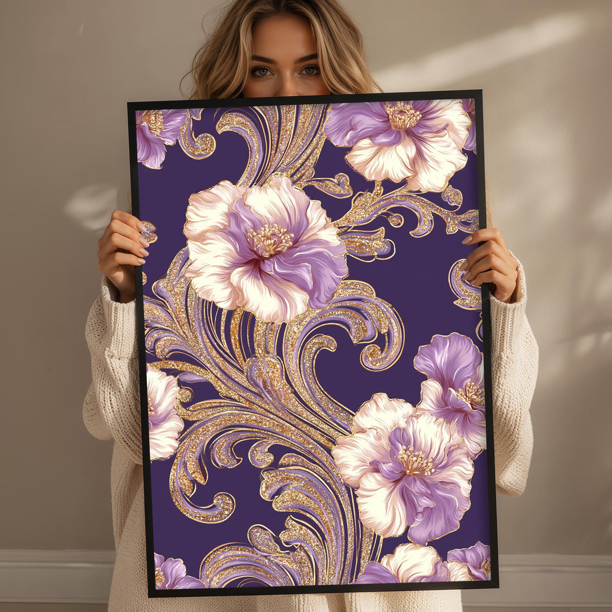 A woman holding a framed print with a floral design in shades of purple and gold.