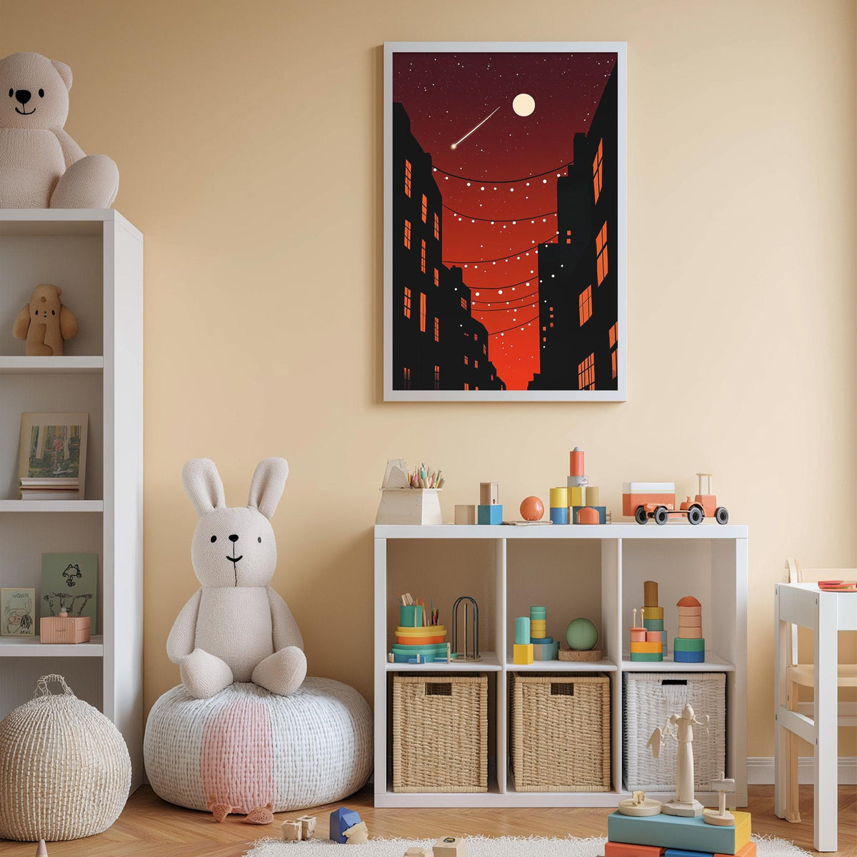 A cozy children's bedroom with a large stuffed rabbit, a bookshelf, and a toy storage unit. The room has a warm, inviting atmosphere with a night sky-themed painting on the wall.