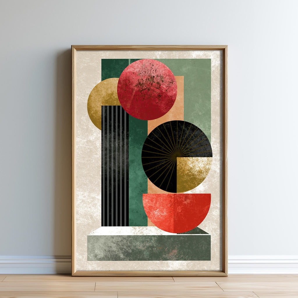 The image is a framed abstract art piece featuring various geometric shapes and colors, including circles, rectangles, and triangles, arranged in a visually striking composition.
