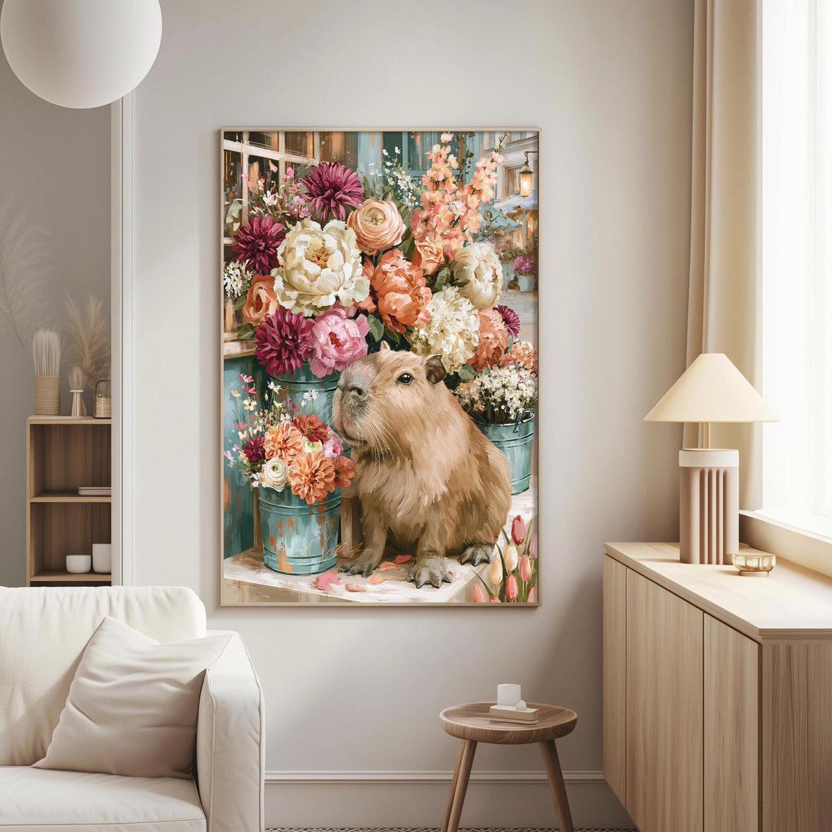 a cozy living room with a large floral painting hanging on the wall. The painting depicts a beaver surrounded by a vibrant array of flowers, creating a charming and whimsical scene.