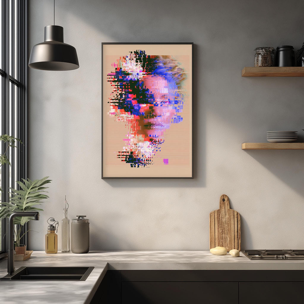 a modern kitchen with a large abstract painting hanging on the wall above a countertop. The kitchen has a sleek, minimalist design with a black countertop, wooden shelves, and a potted plant.
