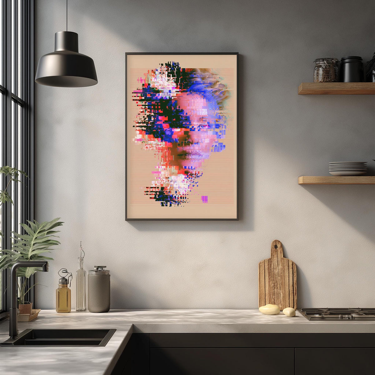 a modern kitchen with a large abstract painting hanging on the wall above a countertop. The kitchen has a sleek, minimalist design with a black countertop, wooden shelves, and a potted plant.