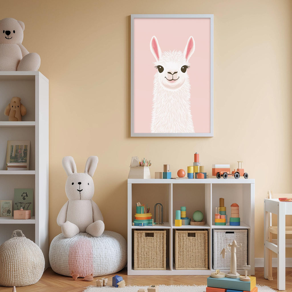 A child's bedroom with a pink wall, featuring a framed picture of a llama, a stuffed rabbit, and a toy train. The room also contains a bookshelf, storage bins, and various toys.