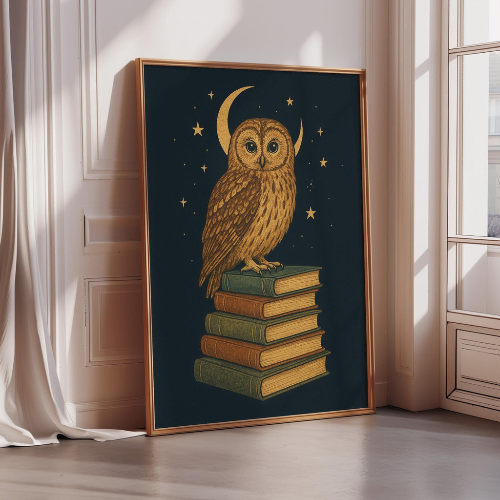 A framed illustration of an owl perched on a stack of books, set against a dark background with a crescent moon and stars.