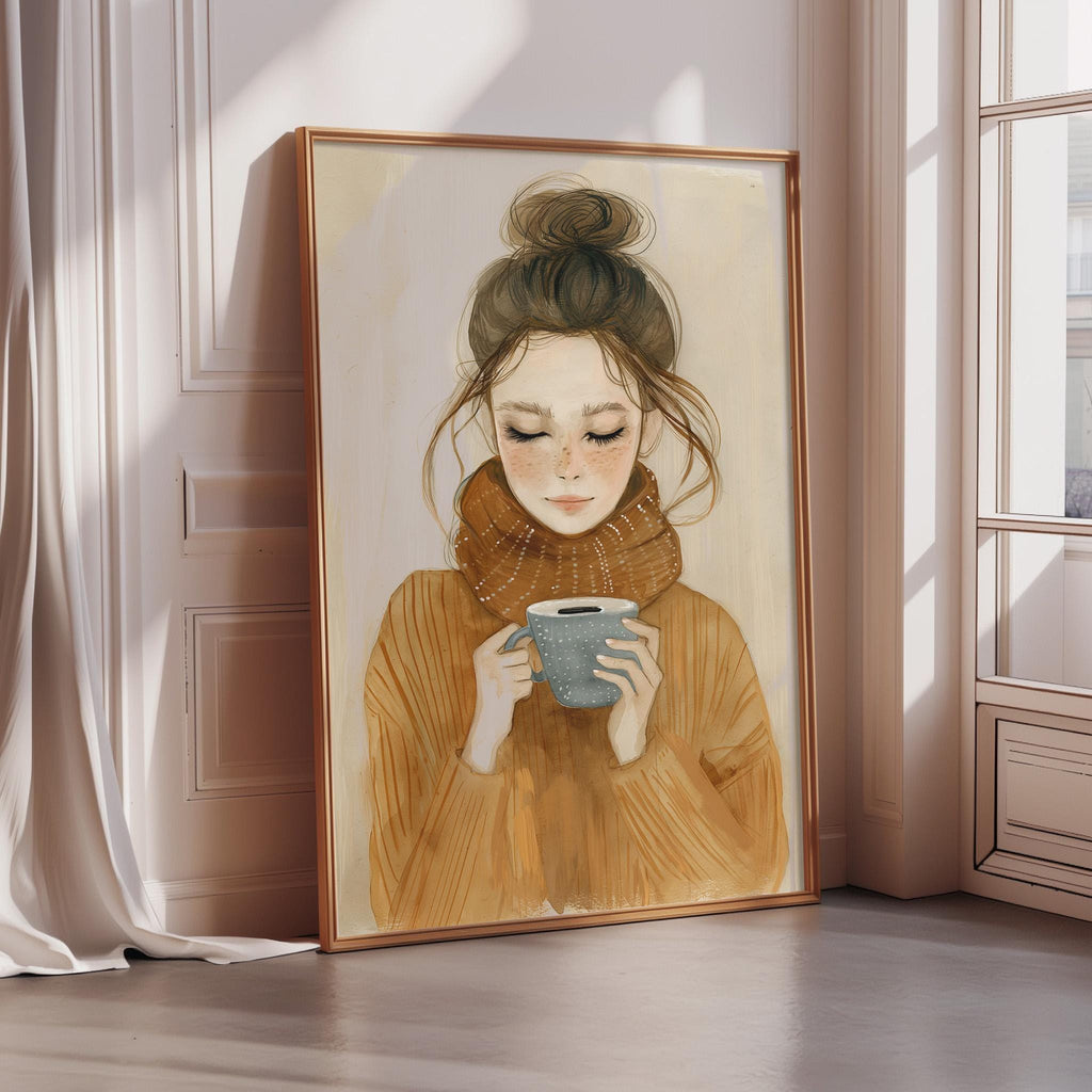 A framed illustration of a woman with a warm, cozy expression holding a cup of tea or coffee.