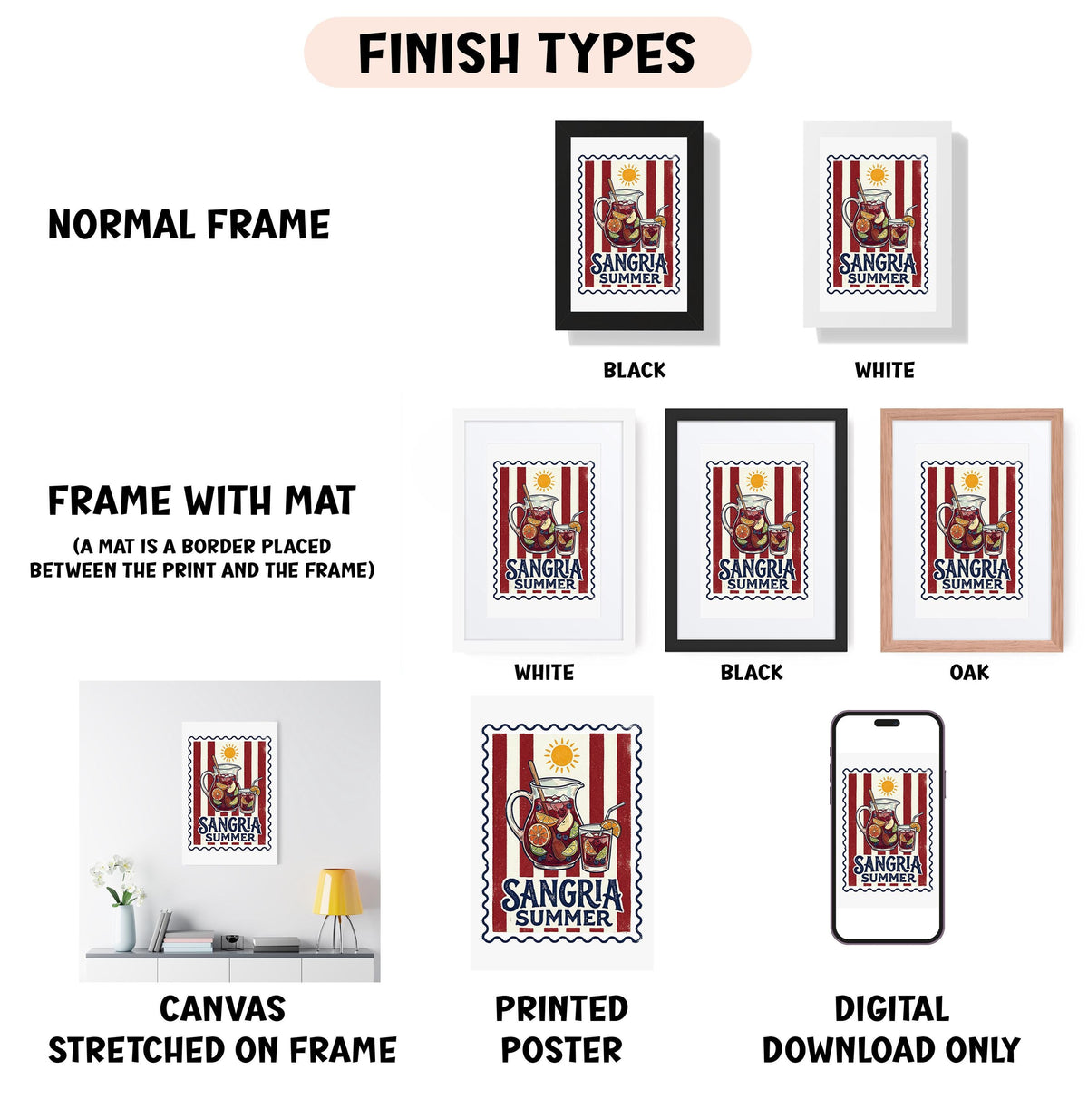 various finish types for framed artwork, including a normal frame, a black frame, a white frame, a black frame, an oak frame, a white canvas stretched on a frame, a printed poster, and a digital download only.