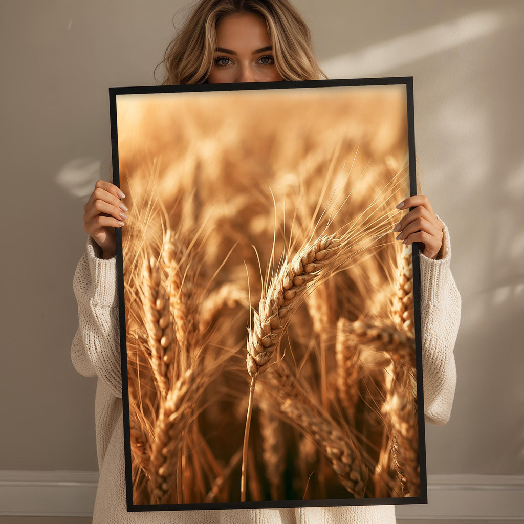 A woman holds a framed photograph of golden wheat in front of her face, obscuring her features.