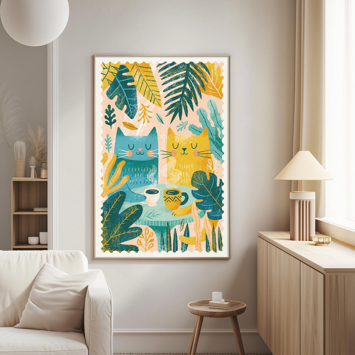 a vibrant and whimsical painting of two cats surrounded by tropical foliage, including palm leaves and other lush plants, set against a light green background. The painting is hung on a wall in a cozy living room, with a white couch and a wooden side table visible in the background.