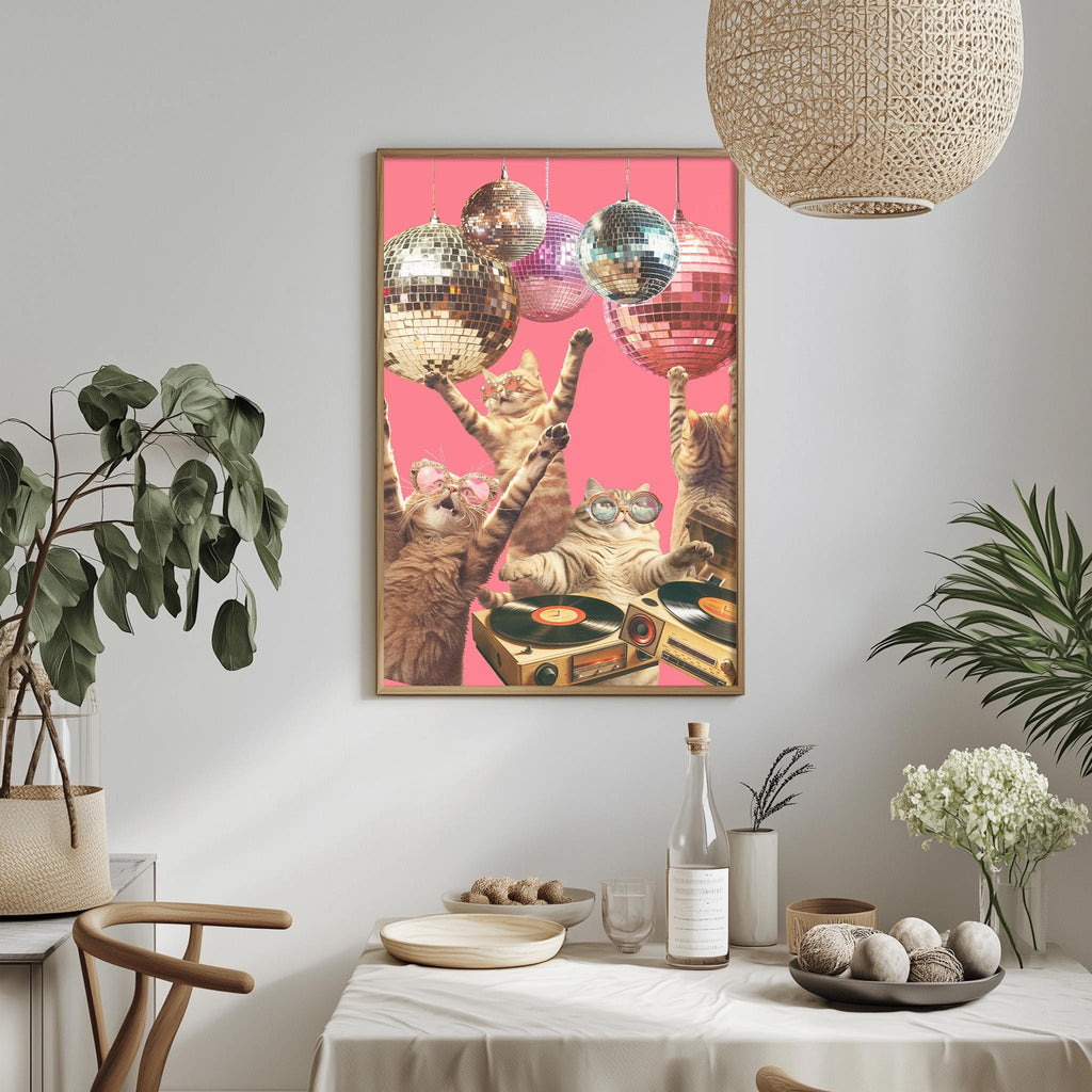 a lively scene of cats dancing and enjoying themselves, with disco balls and a record player as part of the festive atmosphere.