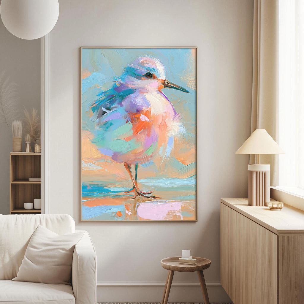a large, colorful painting of a bird, which is hanging on the wall in a living room setting.