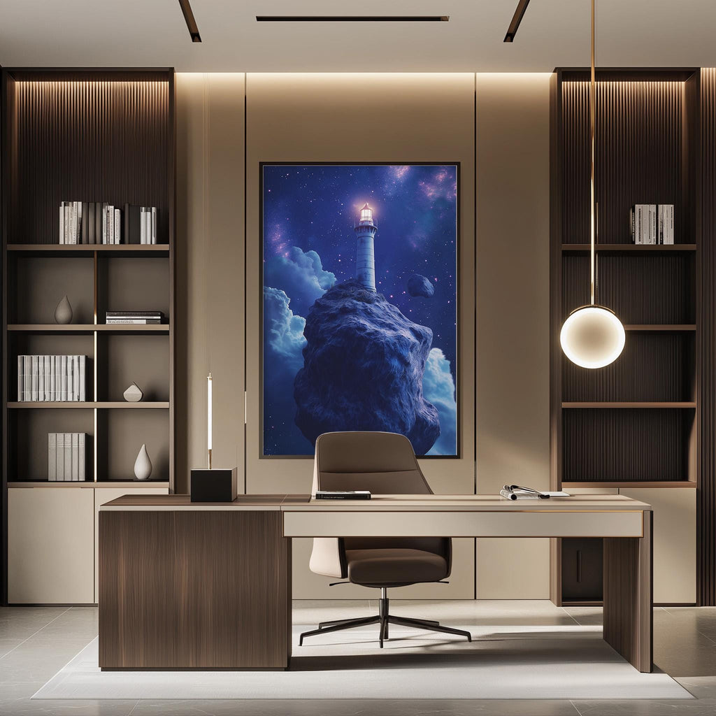 a modern office space with a large framed artwork depicting a lighthouse on a rocky cliff, surrounded by a starry night sky. The office has a wooden desk, a comfortable chair, and a bookshelf filled with books. The overall design and decor create a serene and inspiring atmosphere.