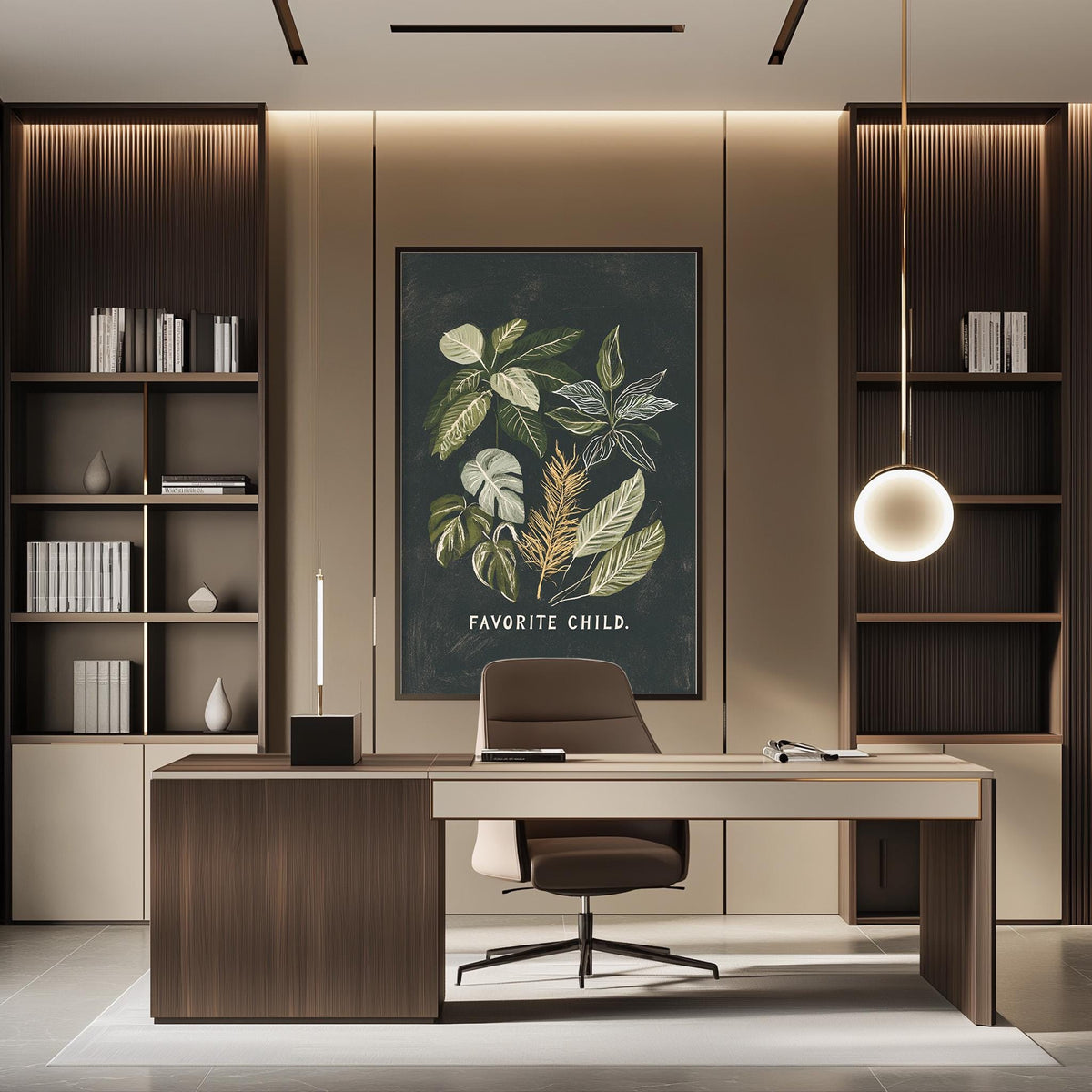 a modern and well-organized office space with a large framed poster featuring a tropical plant design on the wall. The office has a wooden desk, a comfortable-looking chair, and a pendant light above the desk. The room also has built-in bookshelves and a large window, creating a pleasant and functional workspace.