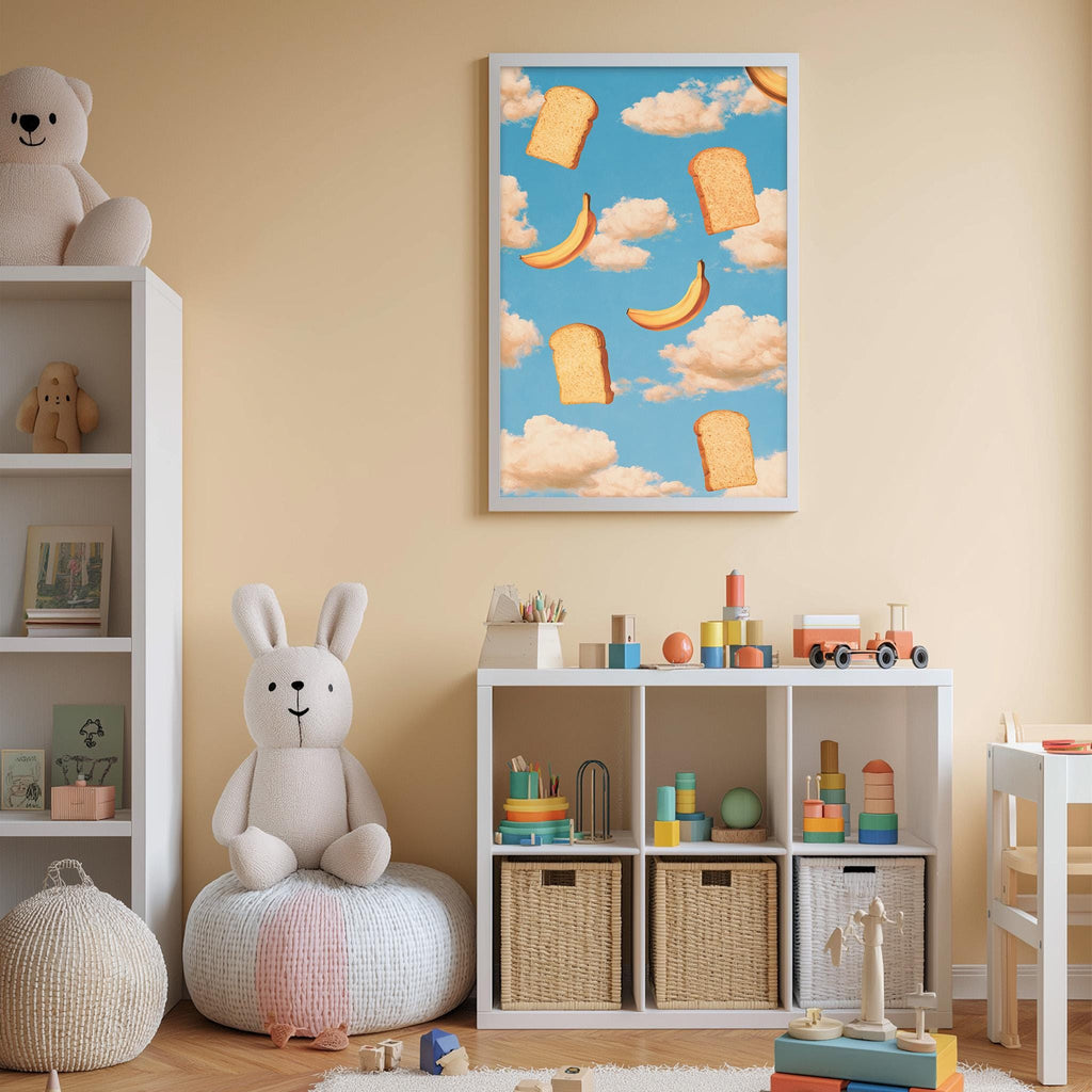 A child's bedroom with a white bookshelf, a stuffed rabbit, and a colorful toy box filled with various toys. Above the bookshelf is a framed picture of bread and bananas against a blue sky with clouds.