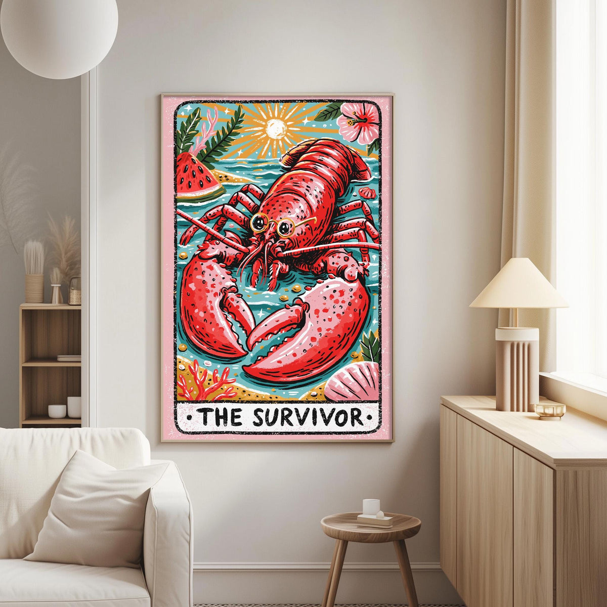 a large, colorful painting of a lobster, with the text "The Survivor" below it.
