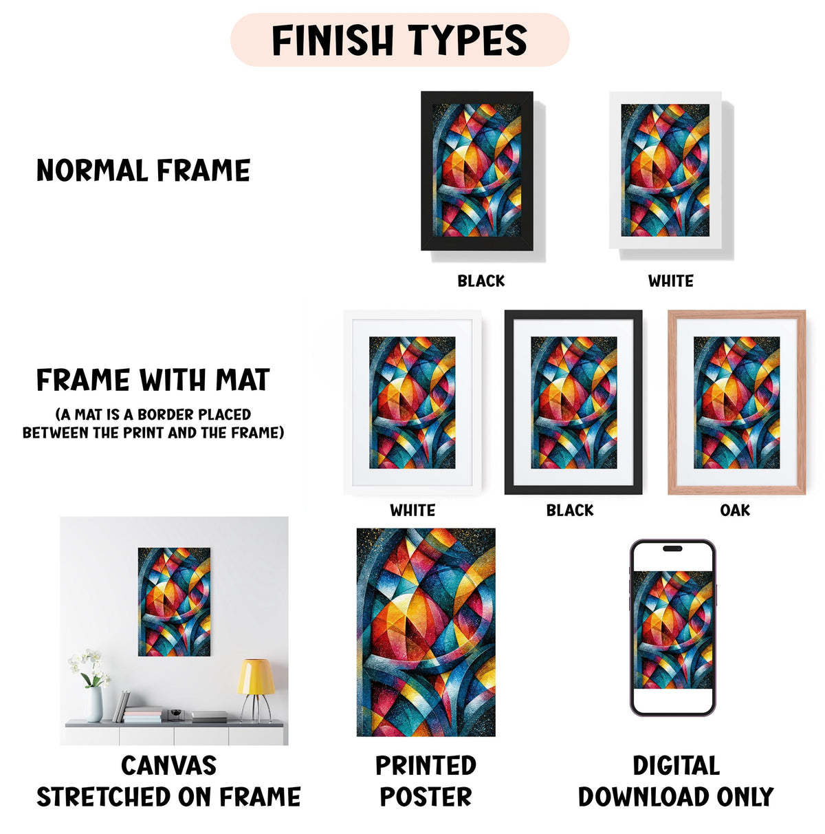 Gothic Stained Glass Abstract Print, Colorful Cathedral Geometry Poster