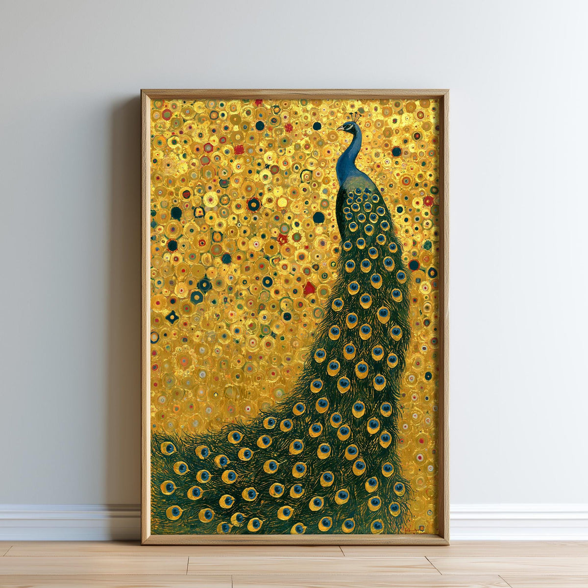 The image is a framed painting depicting a peacock with its vibrant green and blue feathers spread out, showcasing its impressive plumage.