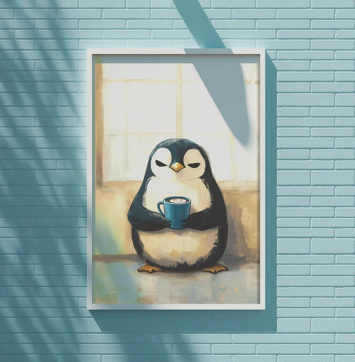 A framed painting of a penguin holding a cup is displayed on a blue brick wall, with a tree and a white light fixture above it.