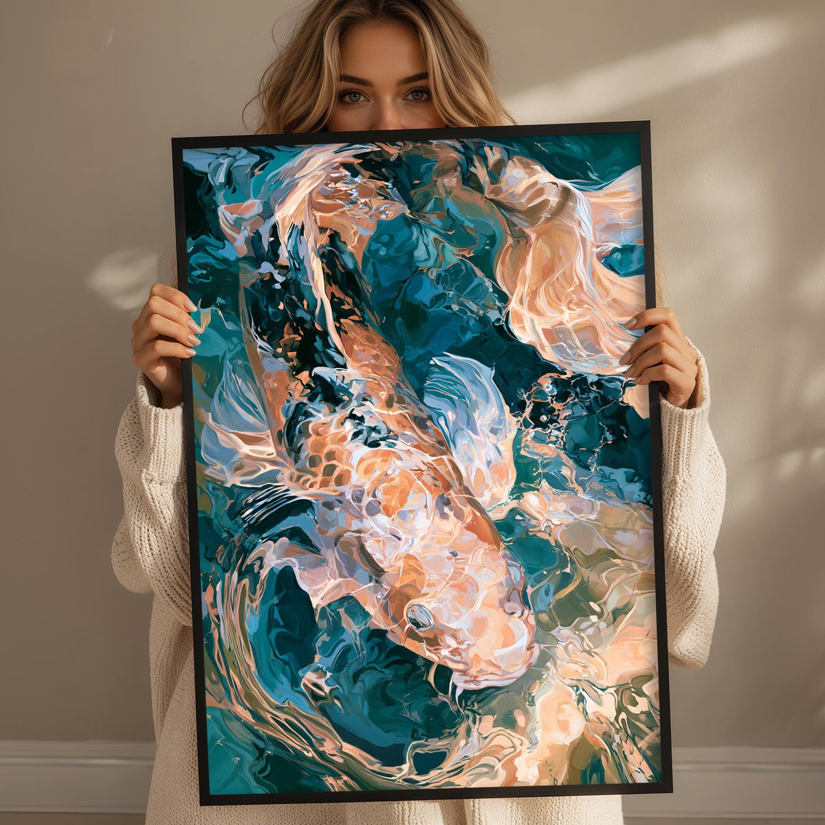 A woman holds up a framed painting of a fish, which appears to be a vibrant abstract artwork with swirling patterns of blue, green, and orange hues.
