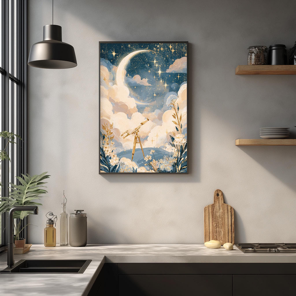 a kitchen counter with various kitchen items, such as a cutting board, a bottle, and a vase, as well as a framed painting depicting a crescent moon and stars above a garden scene.
