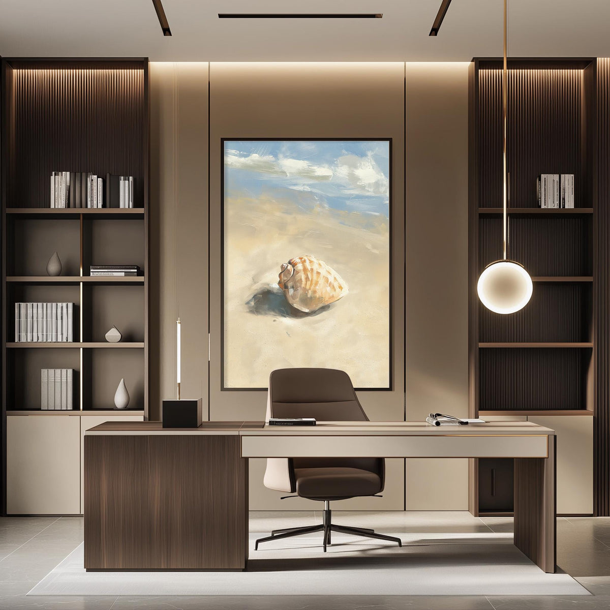 a modern and well-lit office space with a large framed artwork of a shell on the wall, a wooden desk with a chair, and built-in bookshelves.
