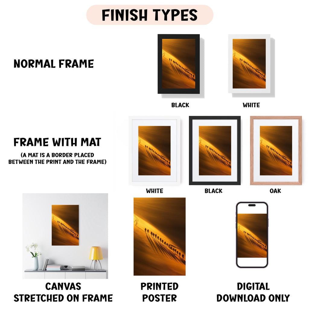 various types of framed artwork, including a normal frame, a frame with a mat, a white frame, a black frame, an oak frame, a white canvas stretched on a frame, a printed poster, and a digital download only.