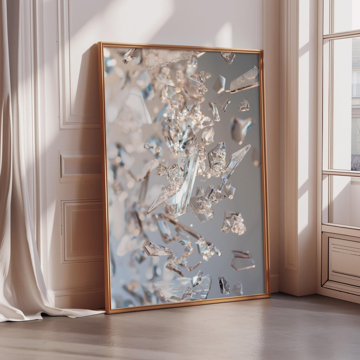 a large mirror with a reflective surface that captures a multitude of small, clear, and transparent crystals or glass pieces, creating a visually striking and intricate pattern.