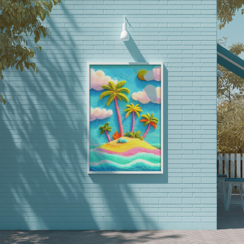 a vibrant painting of a tropical island scene, with palm trees, a sandy beach, and a clear blue sky with fluffy white clouds.