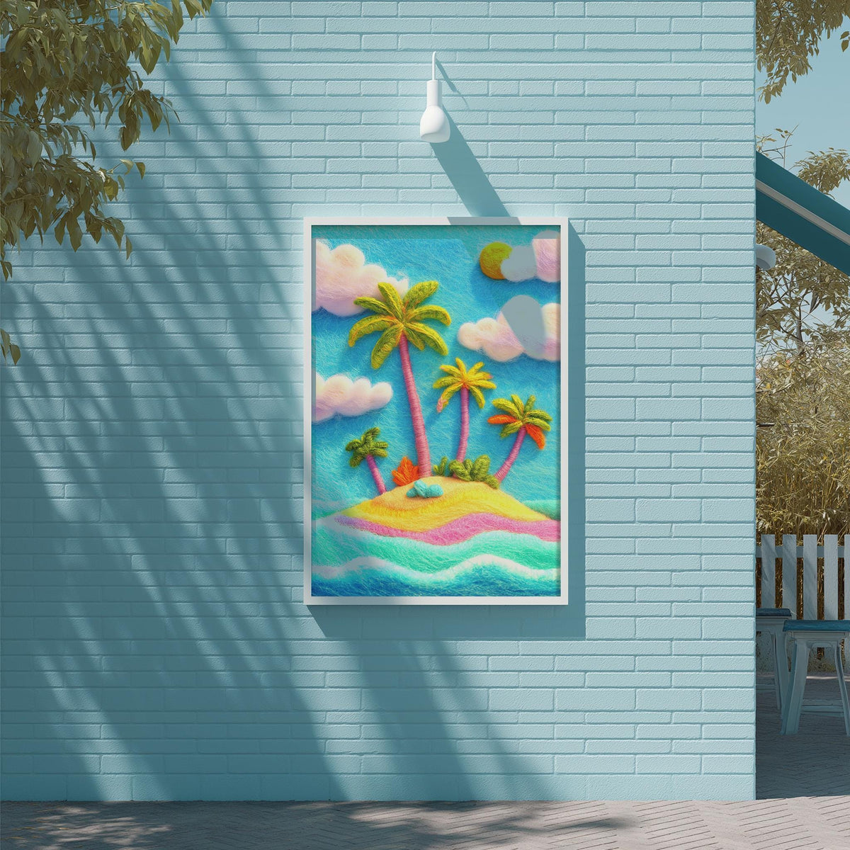 a vibrant painting of a tropical island scene, with palm trees, a sandy beach, and a clear blue sky with fluffy white clouds.