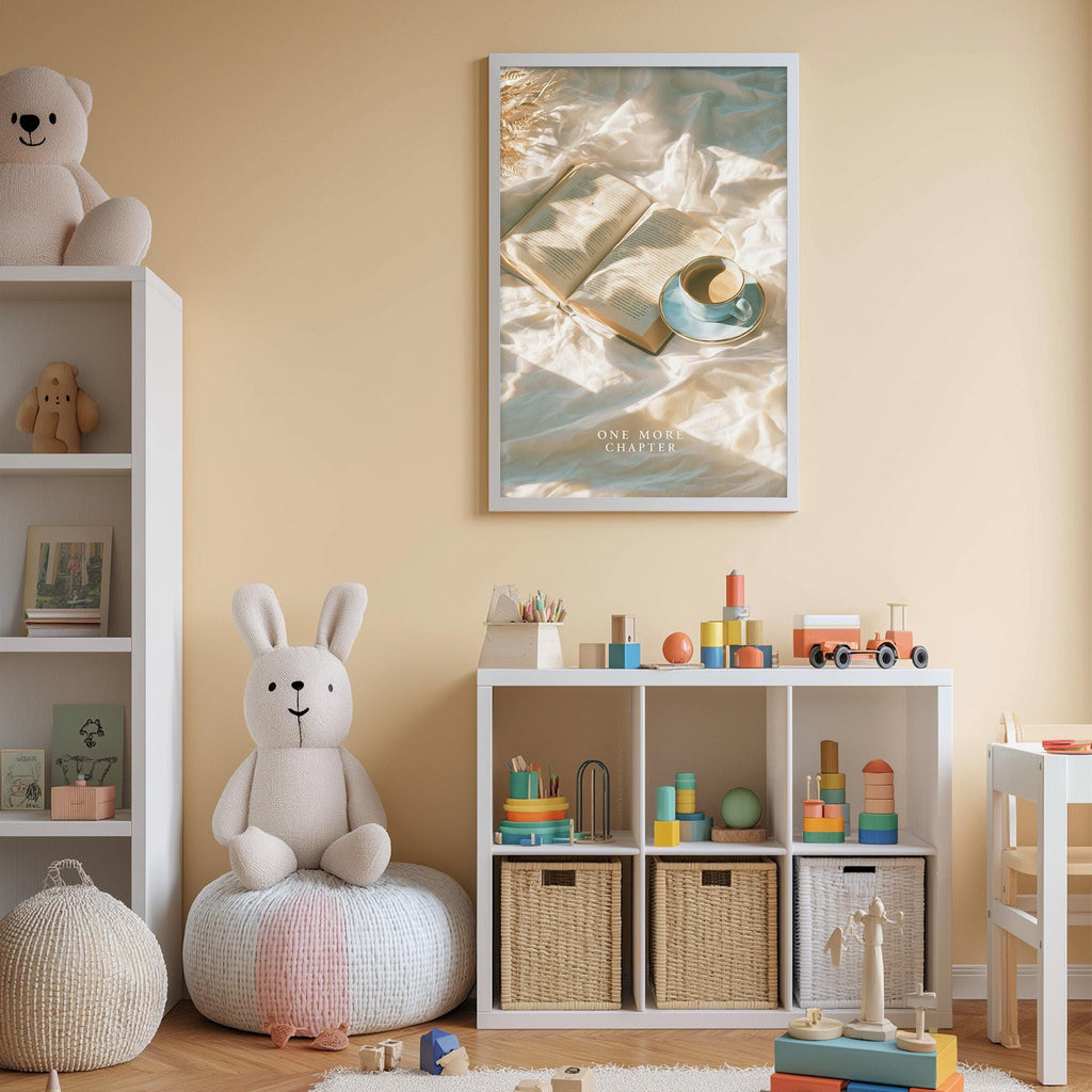 A cozy and well-organized children's bedroom with a bookshelf, a plush rabbit, and a toy train set. The room has a warm and inviting atmosphere, with a framed poster on the wall featuring a book and a teapot.