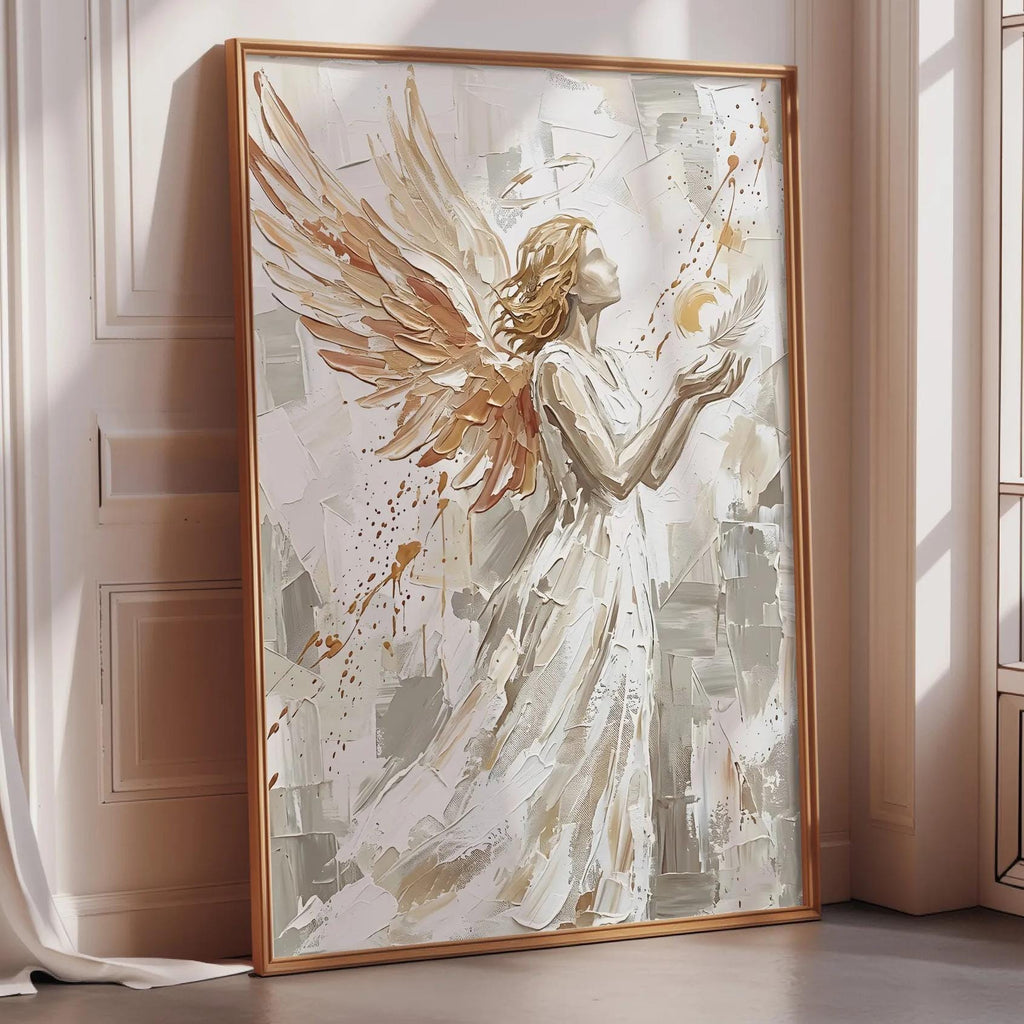 a large, framed painting of an angel with outstretched wings, standing in a room with a window.