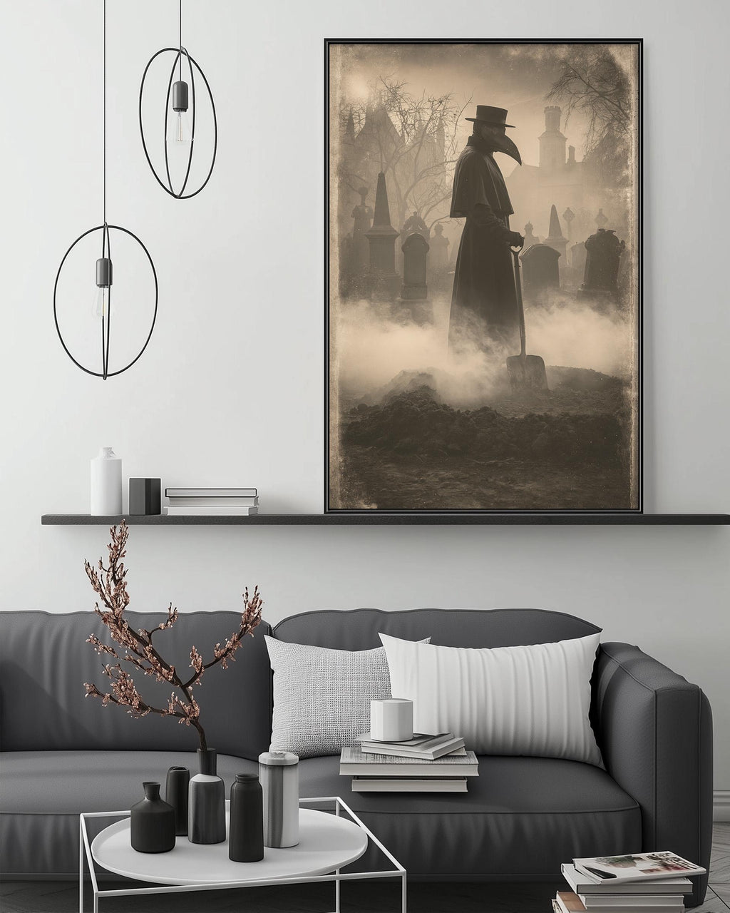 a large framed picture of a person wearing a mask and holding a shovel, standing in a foggy graveyard. The picture is hanging on a wall above a gray couch with a coffee table in front of it.