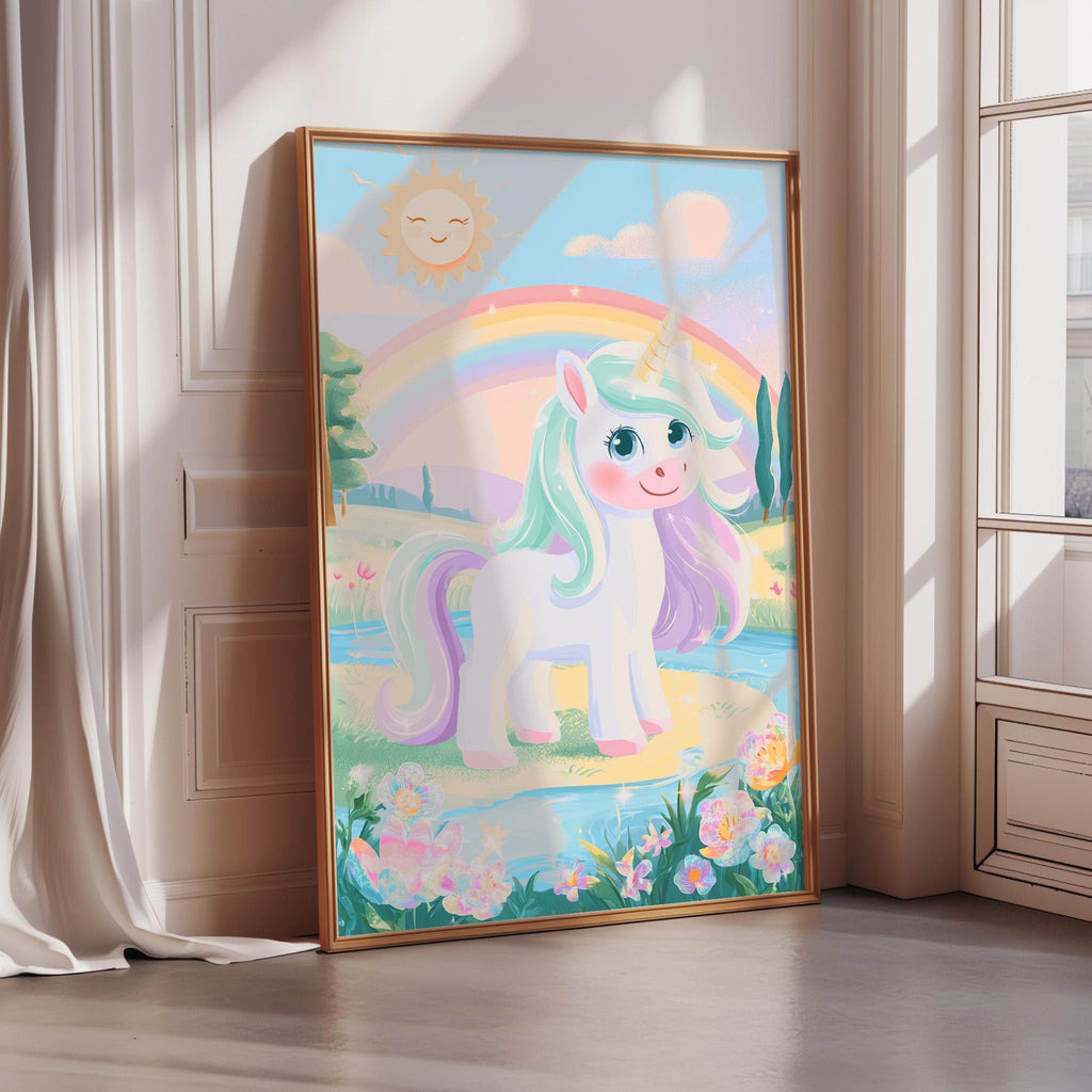 A large framed poster depicting a white unicorn with a rainbow behind it, set against a colorful and whimsical landscape.