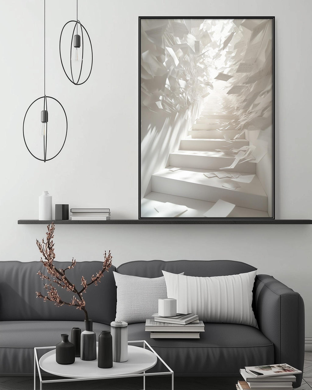 a modern living room with a gray sofa, a coffee table, and a large abstract painting hanging on the wall above the sofa.