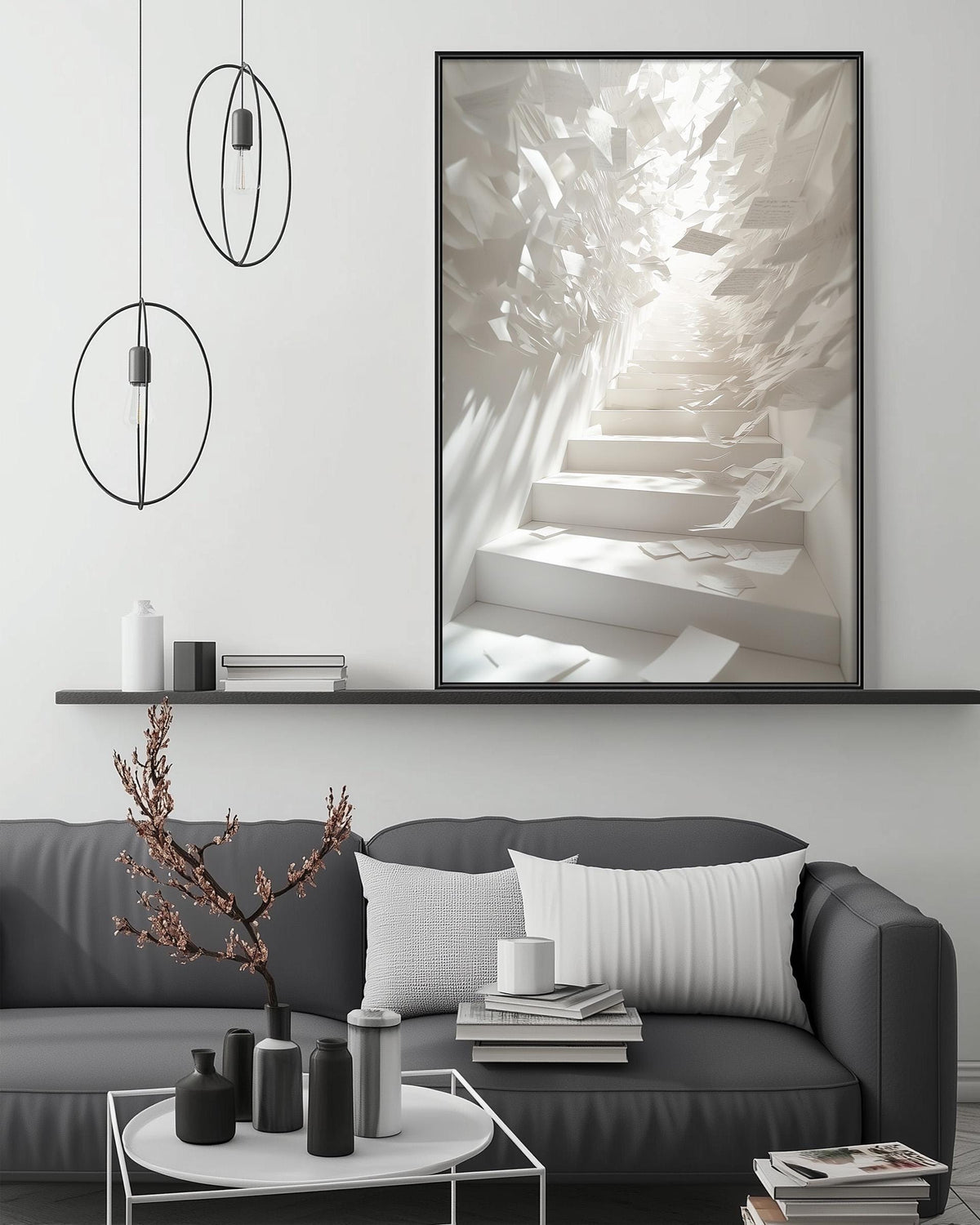 a modern living room with a gray sofa, a coffee table, and a large abstract painting hanging on the wall above the sofa.