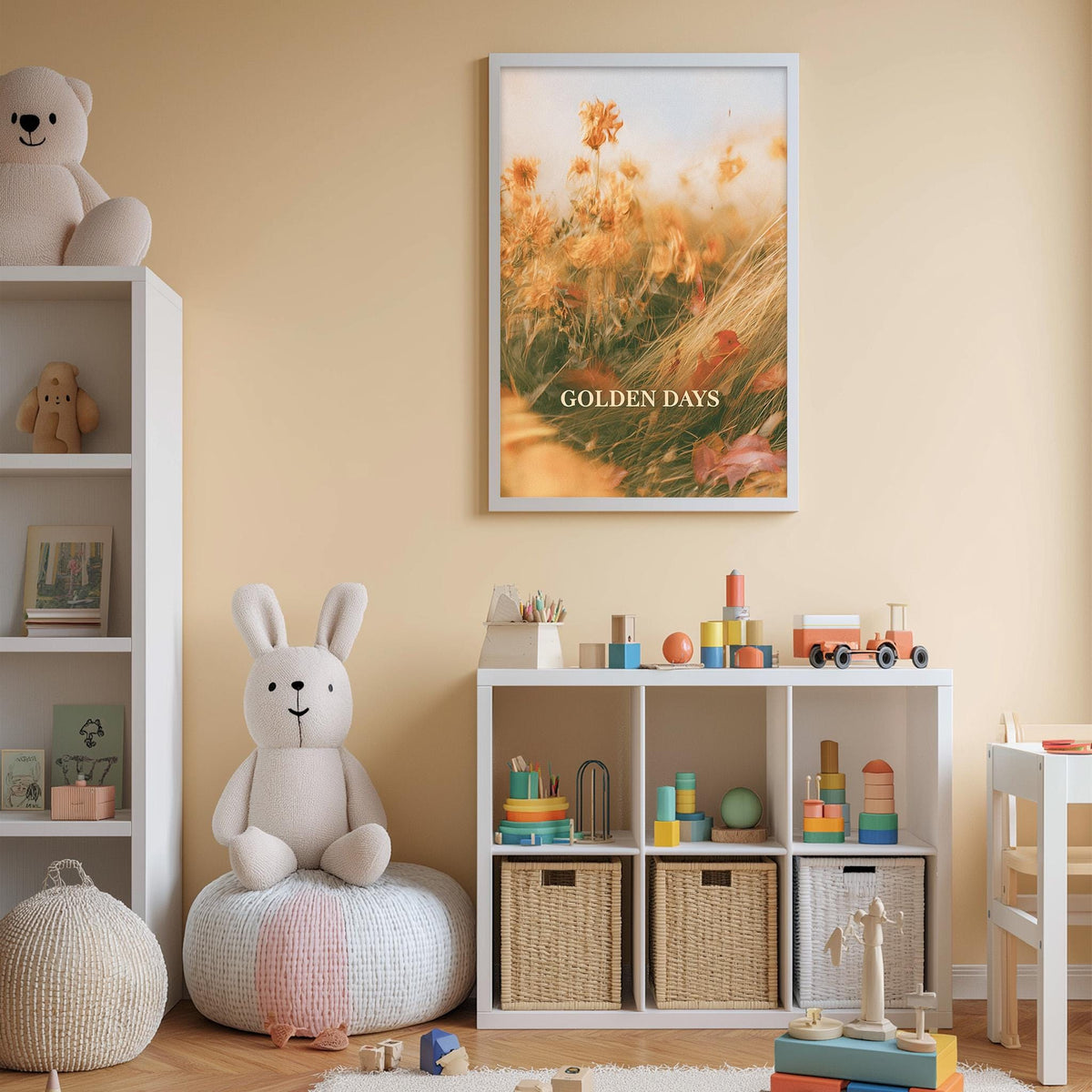 A cozy children's room with a white bookshelf, a plush rabbit, and a colorful toy box filled with toys. A framed poster of a field with flowers hangs on the wall, and the word "GOLDEN DAYS" is displayed below the poster.