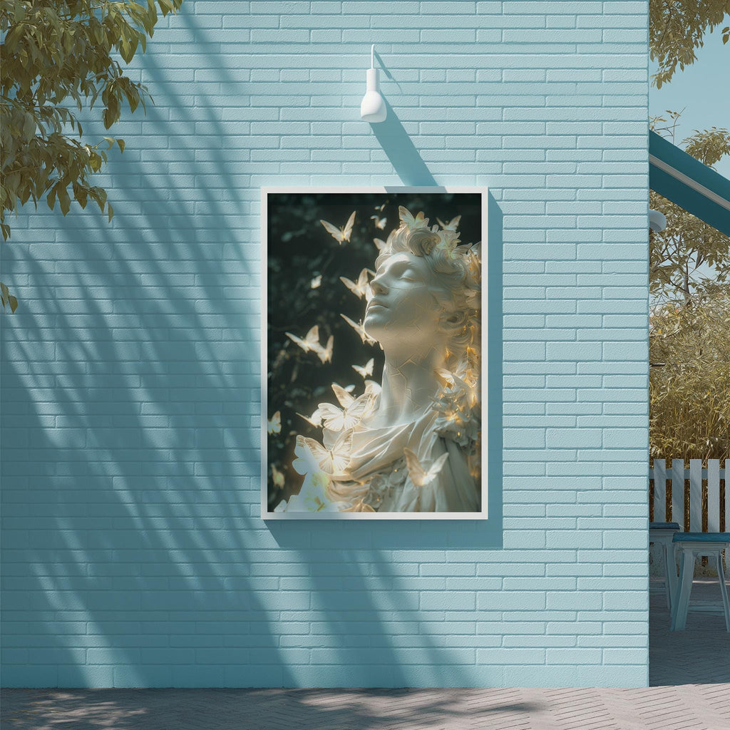 a large framed picture of a woman with butterflies adorning her hair, displayed on a blue brick wall.