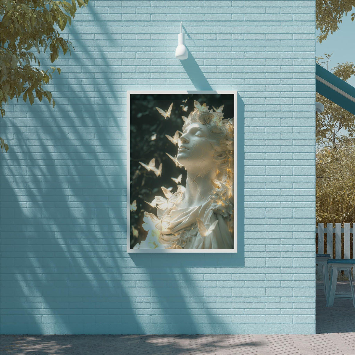 a large framed picture of a woman with butterflies adorning her hair, displayed on a blue brick wall.