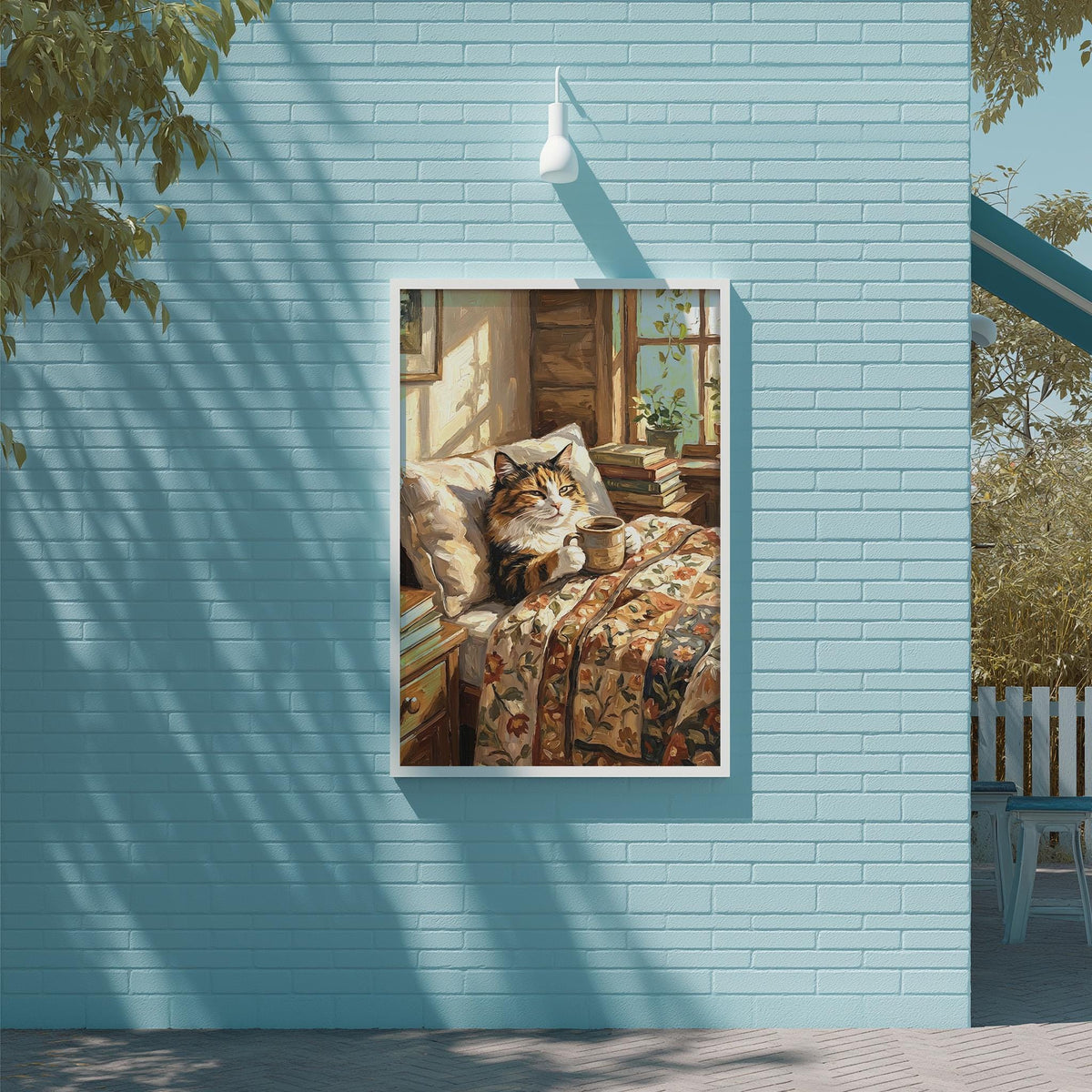 A painting of a cat resting on a bed is displayed on a blue wall, with a white light fixture above it.